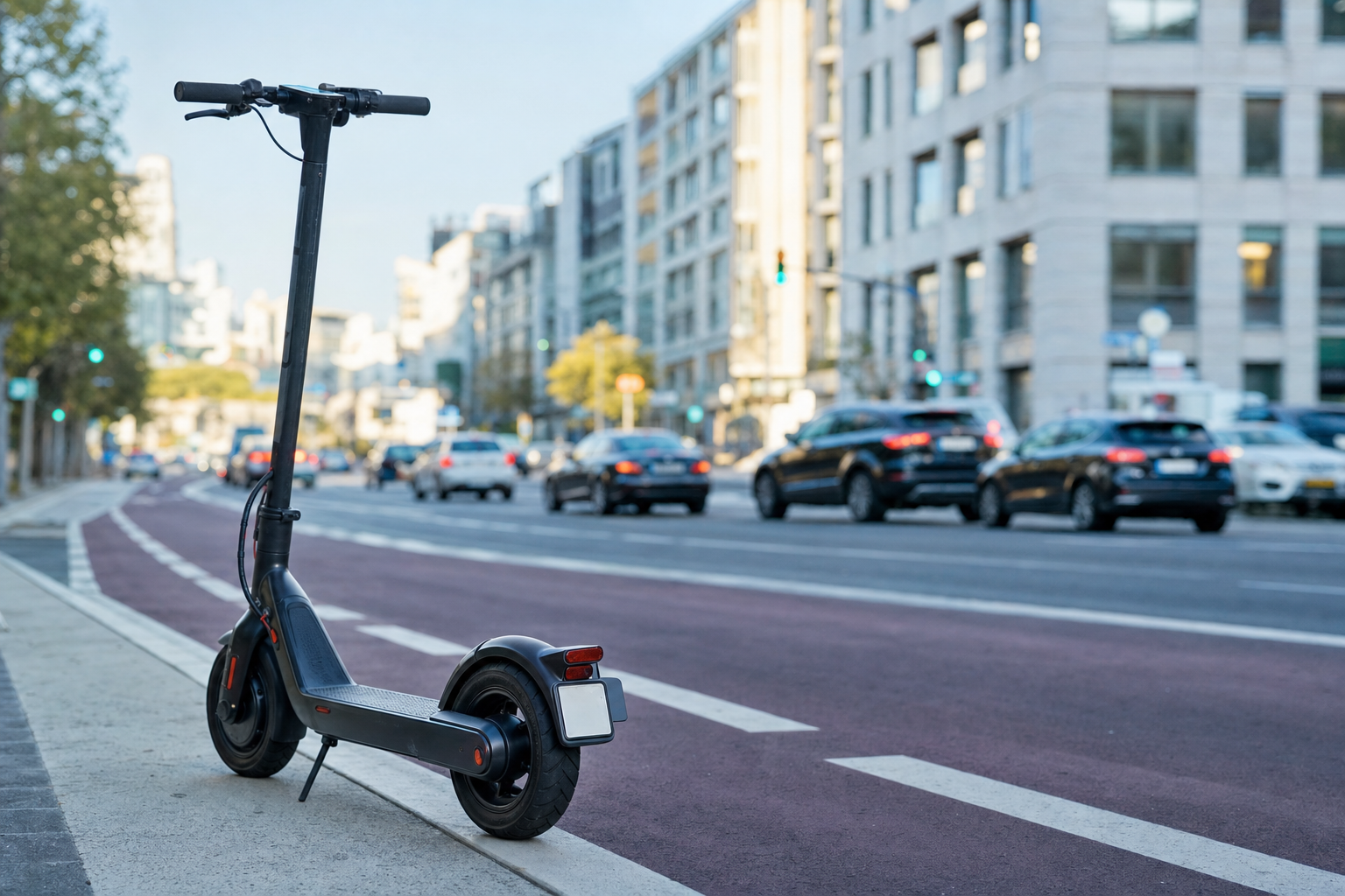 E-Scooter mit Versicherungsplakette am Heck auf einem städtischen Radweg, verschwommener Stadtverkehr im Hintergrund, Tageslicht