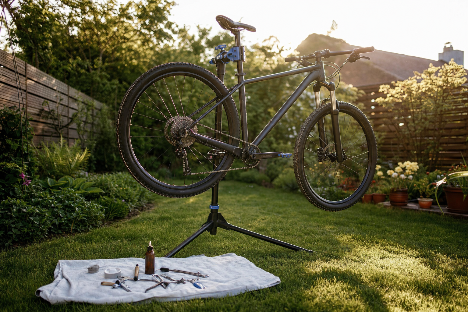 Fahrrad auf einem Montageständer in sommerlichem Hinterhof, Werkzeug und Kettenöl auf einem Tuch daneben, Nachmittagslicht