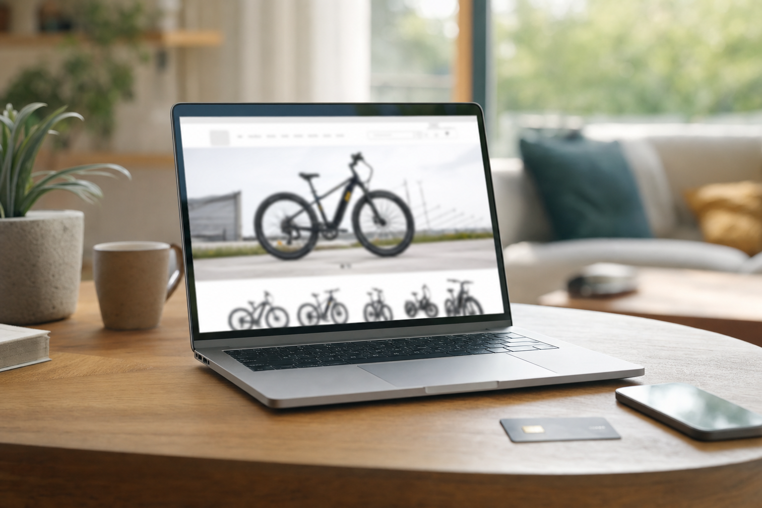 Laptop mit geöffnetem Onlineshop für E-Bikes auf einem Holztisch, Kreditkarte und Smartphone daneben, helles Wohnzimmer